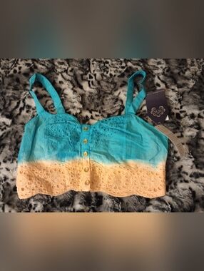 NWT! Hippie Women’s Turquoise and Peach Eyelet Button-Front Crop Top